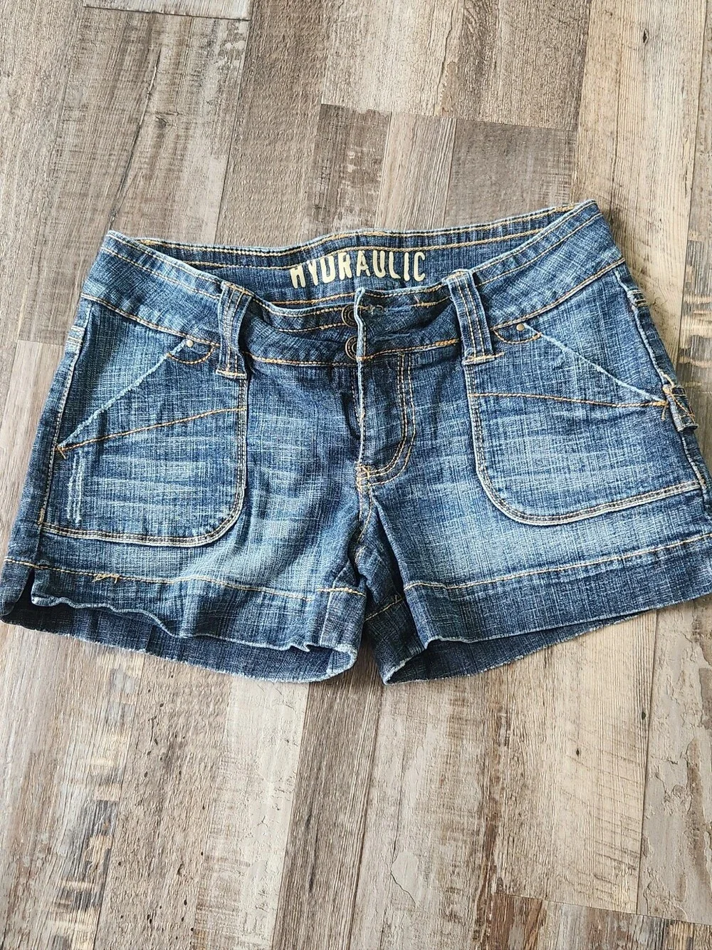 Hydraulic Distressed Dark Blue Denim Shorts